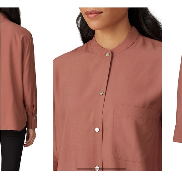 VINCE Relaxed Band Collar Blouse Terracota Button Front Satin Pearl Buttons XL - Picture 2 of 13